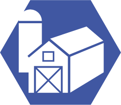 An icon graphic depicting a barn and silo to represent the agricultural efforts of NC State Extension.