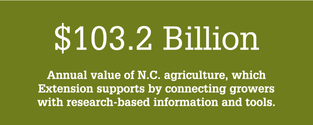NC State Extension supports the $103.2 billion North Carolina agriculture and agribusiness industry by innovating better agricultural products and practices, connecting farmers with research-based tools and information.