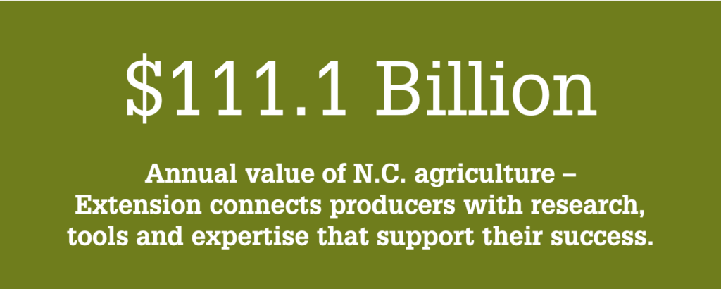 NC State Extension supports the $111.1 billion North Carolina agriculture and agribusiness industry by innovating better agricultural products and practices, connecting farmers with research-based tools and information.