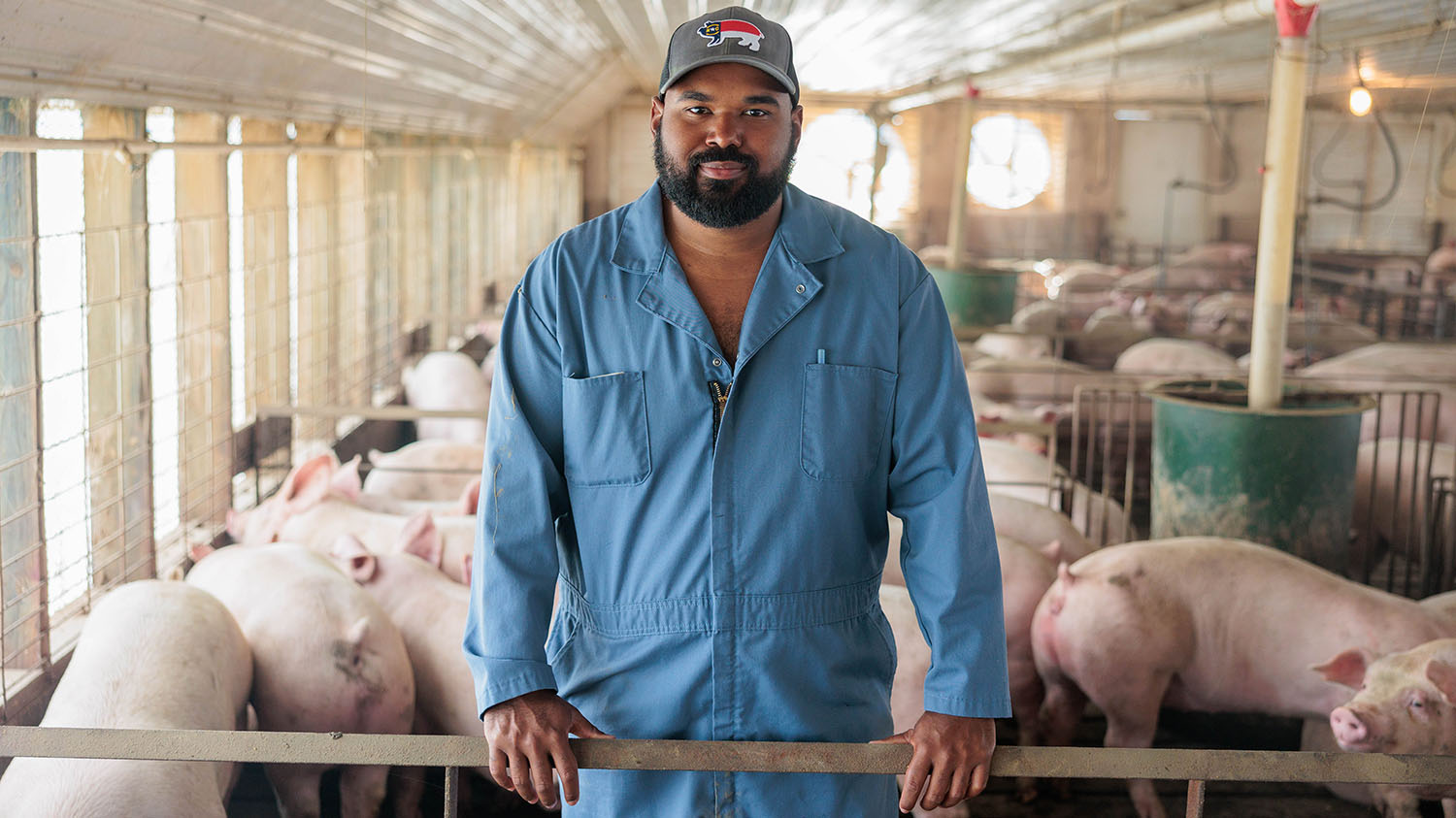 Aaron Blackmon, N.C. Cooperative Extension livestock agent, in one of his hog barns at his Bladenboro, N.C., farm.