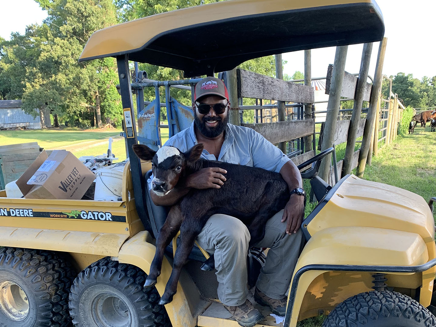 Extension Agent-Aaron Blackmon_Cow-calf on tractor at Bladenboro farm